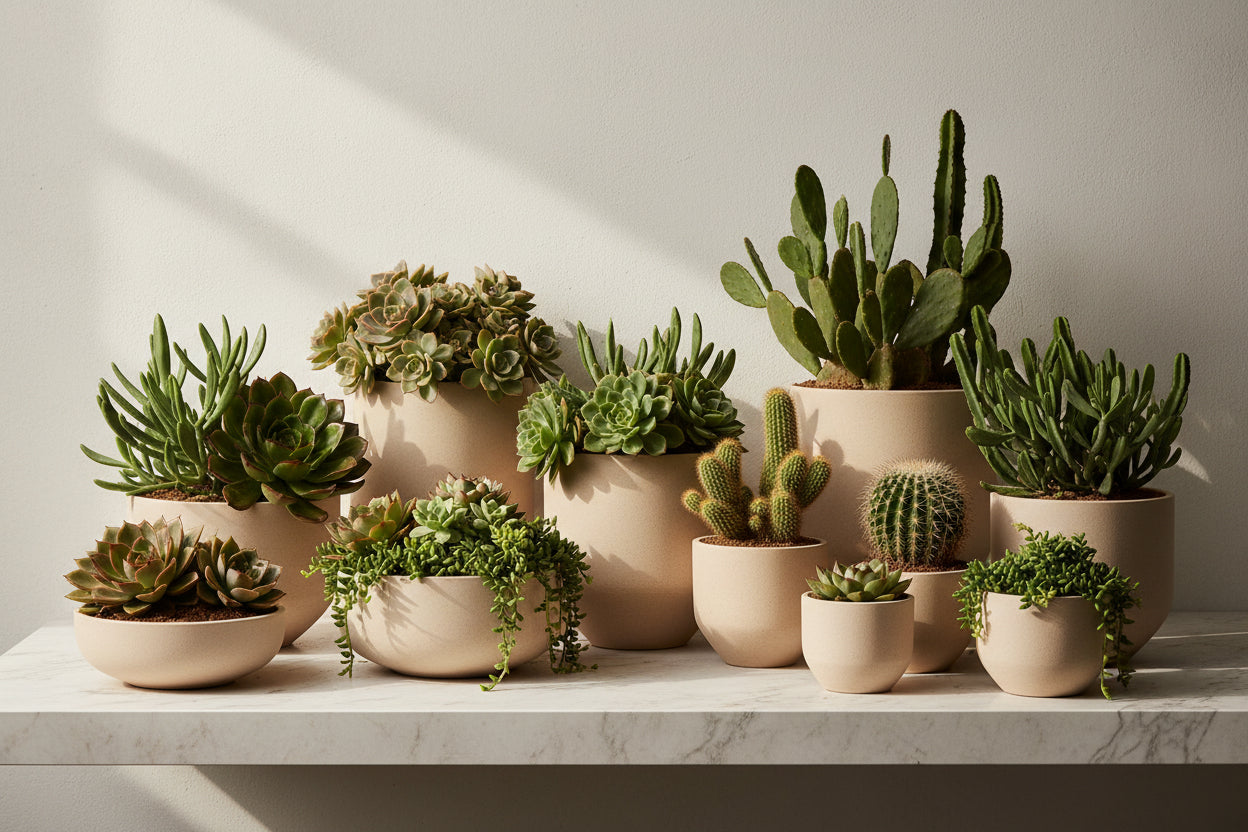 Aesthetic succulent plants arranged in decorative pots for contemporary interiors.