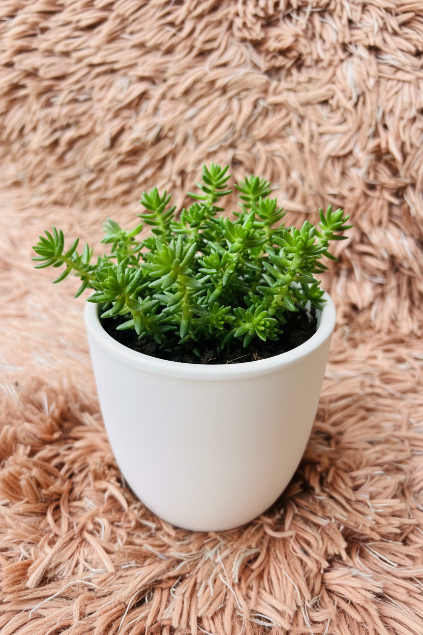 Crassula muscosa watch chain front side view in white ceramic pot on pink rug
