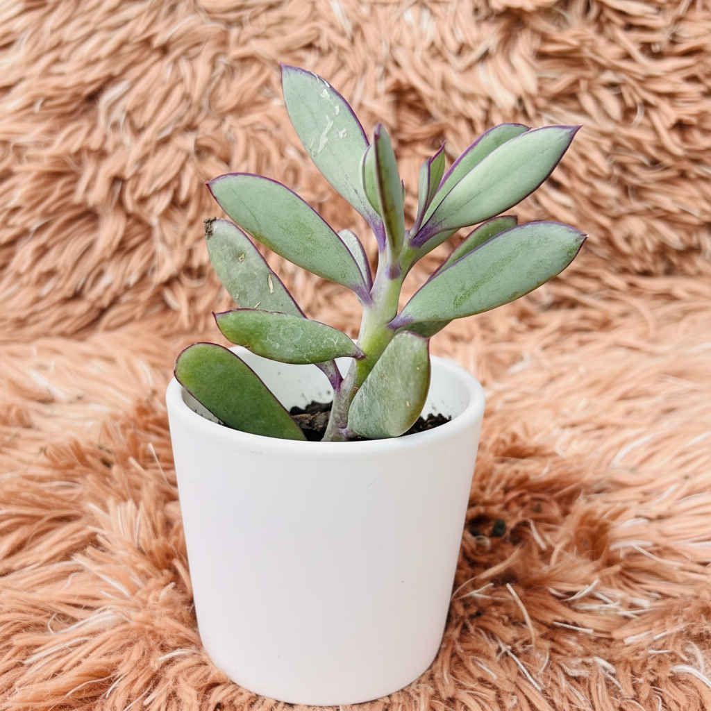 Crassula Purple Haze in white ceramic pot – angle view