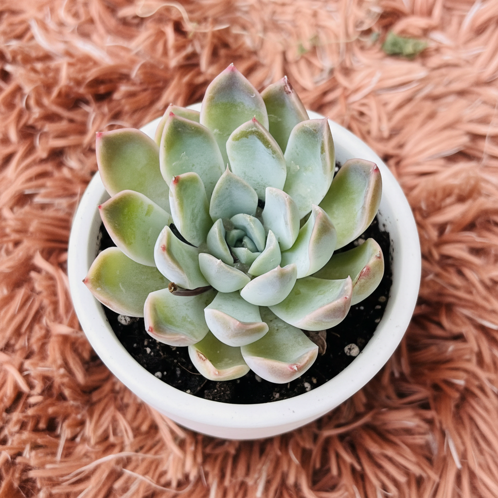 Echeveria Subsessilis in white ceramic pot – top down