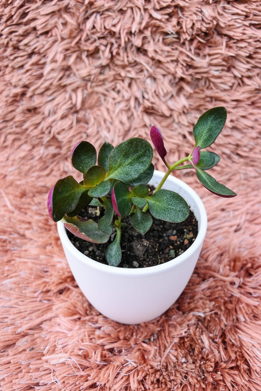Kalanchoe fedtschenkoi top down view in white ceramic pot