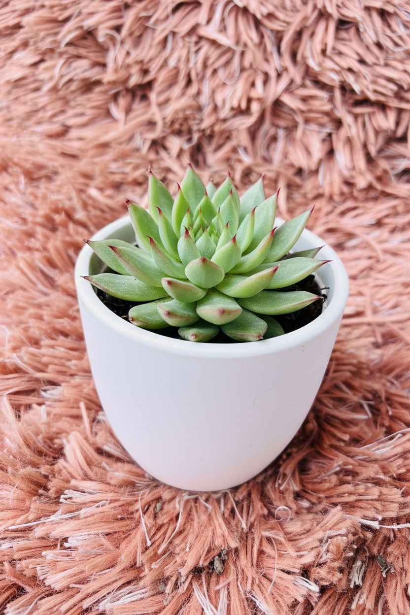 Echeveria agavoides lipstick echeveria side angle in white ceramic pot on pink rug