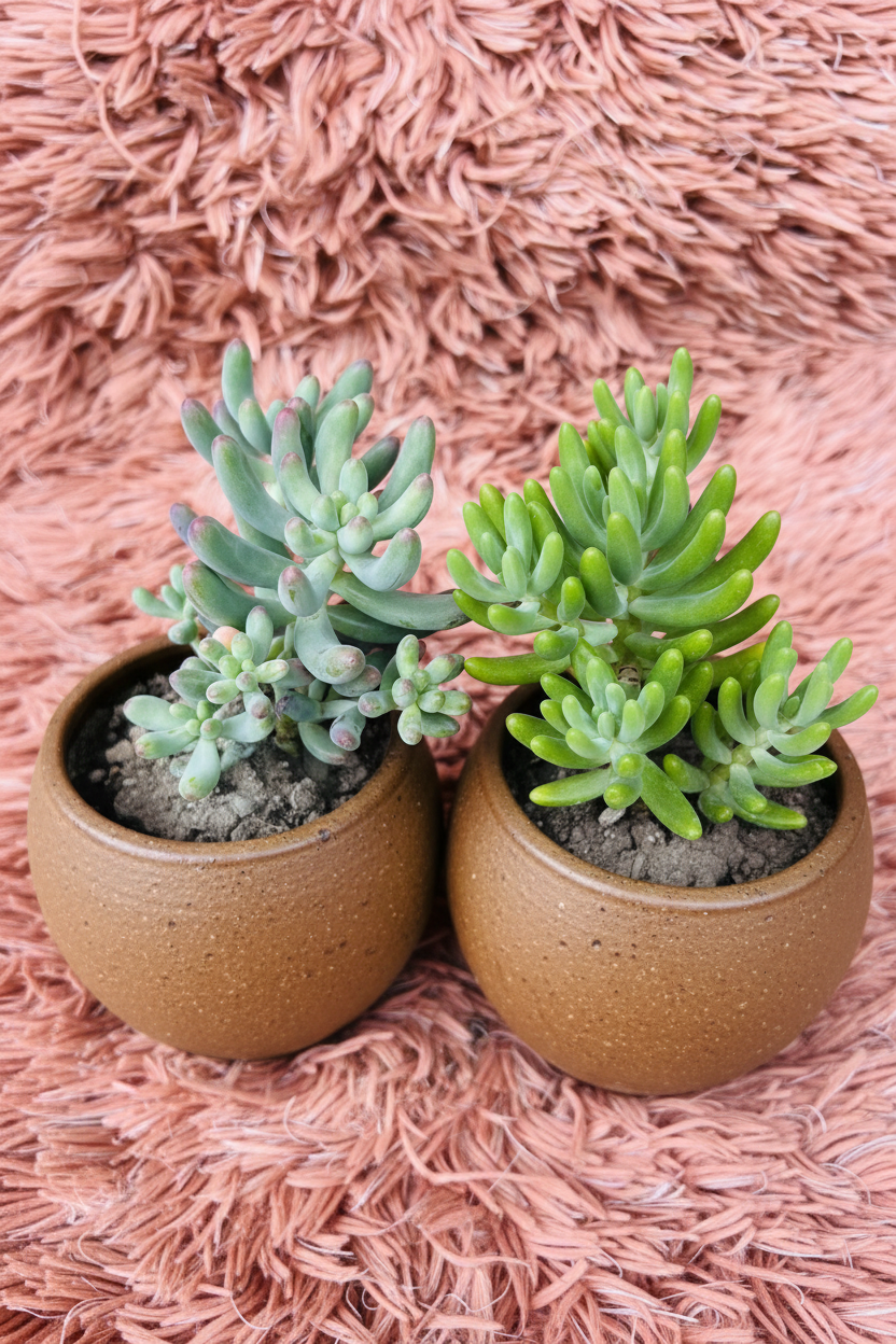 Hard Sedum Succulent Set in Ceramic Brown Pot - Side View