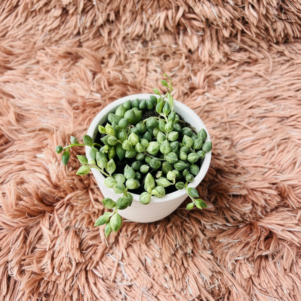 Variegated String of Tears in white ceramic pot on pink fur background – top down view