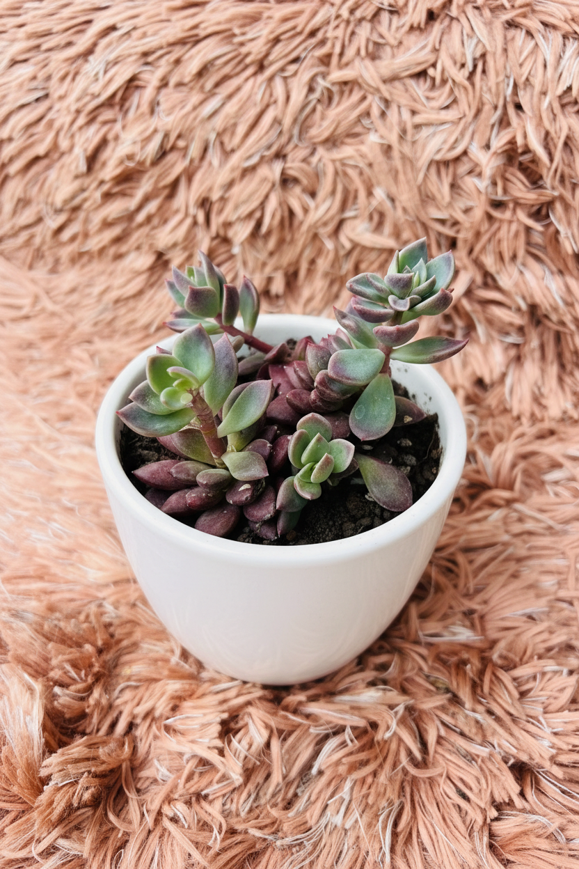 Echeveria Perle von Nurnberg cluster three-quarter view in white ceramic pot