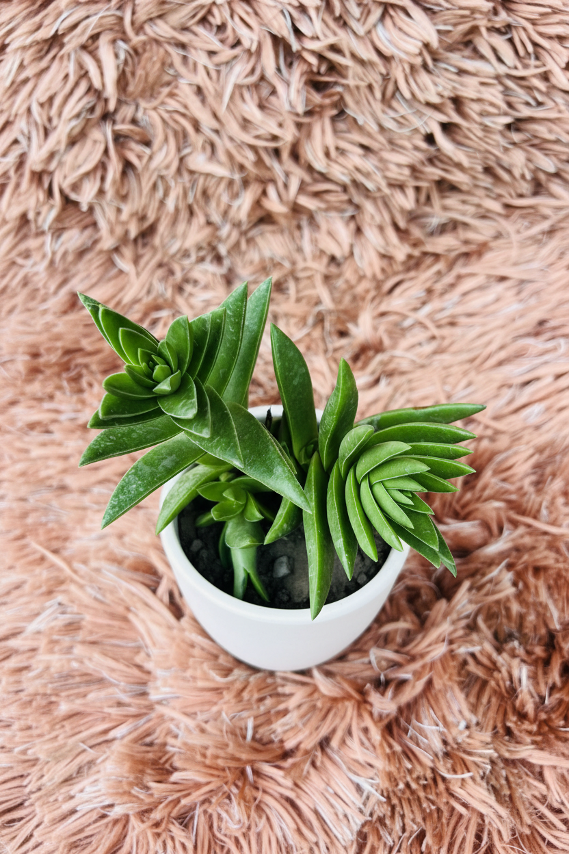 Crassula capitella Campfire green top-down view in white ceramic pot