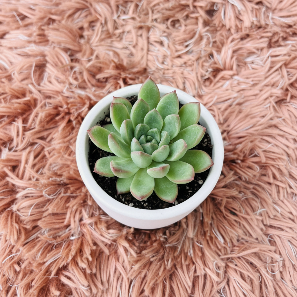 Echeveria Minima succulent in white ceramic pot on pink fur background – top down view