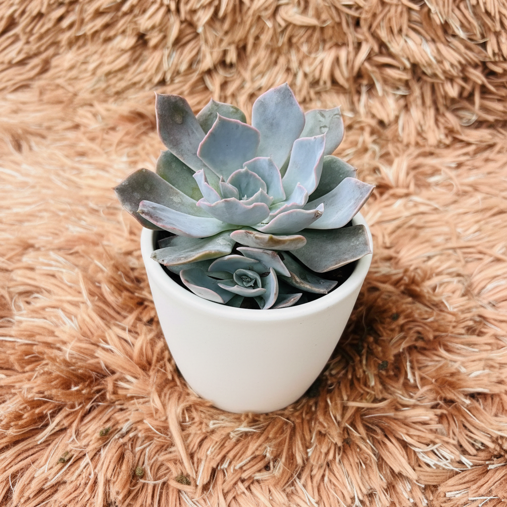 Echeveria Lilacina Ghost Echeveria in white ceramic pot on pink fur background – three quarter view