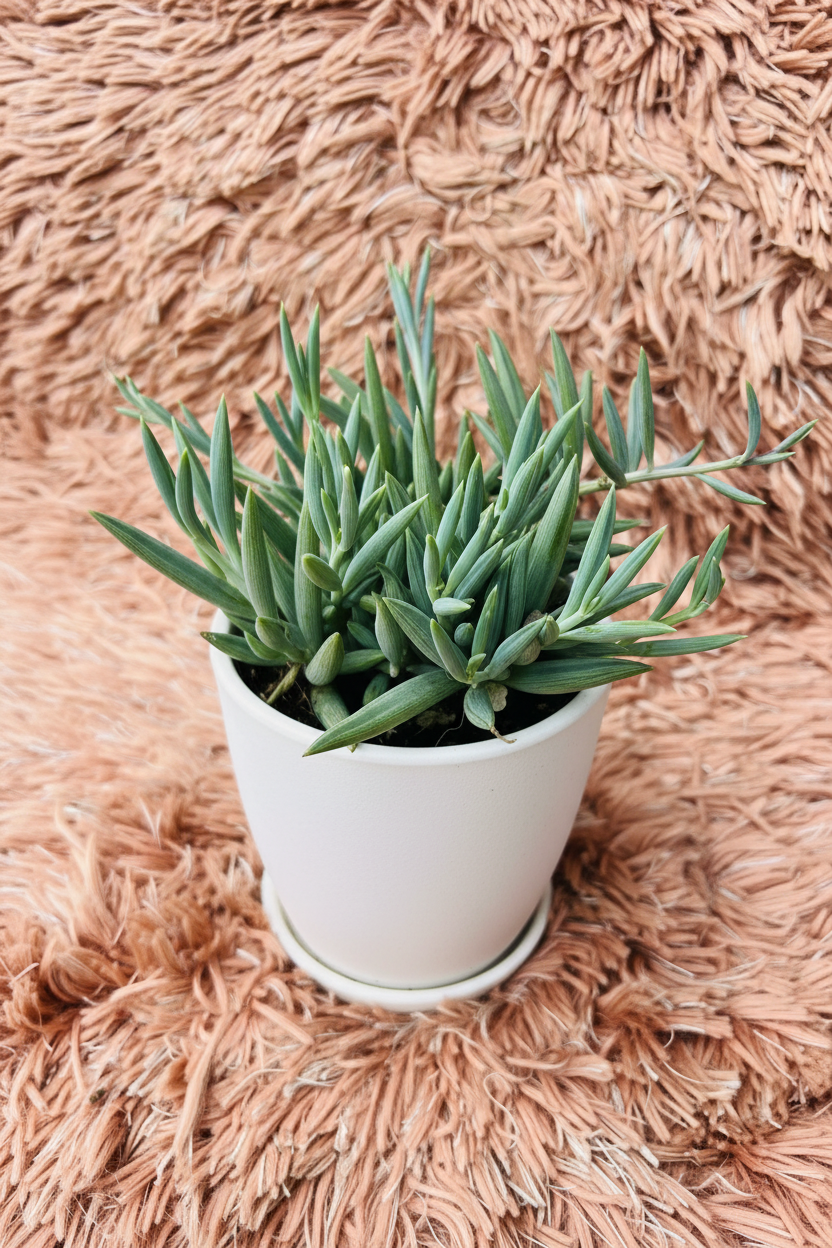 String of Bananas three-quarter view in white ceramic pot on pink rug