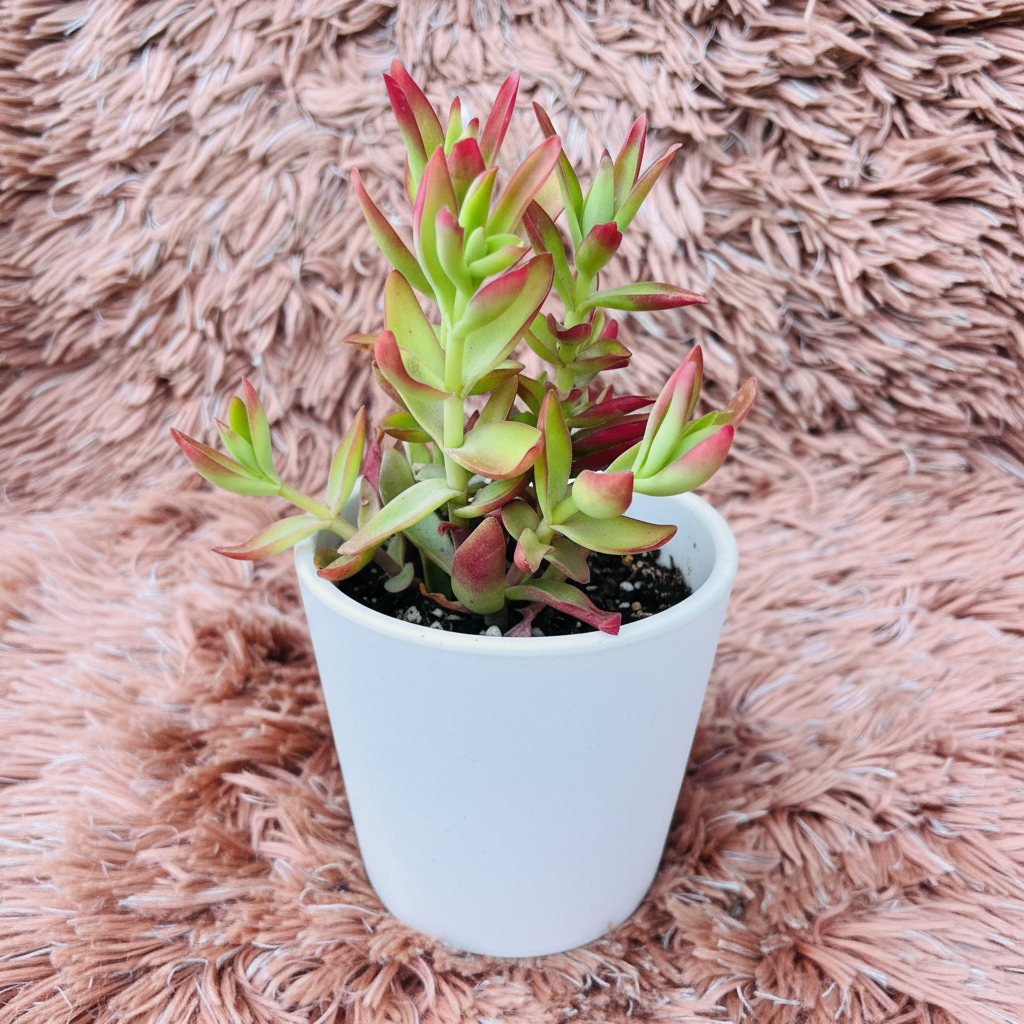 Crassula Red Campfire in white ceramic pot – side angle