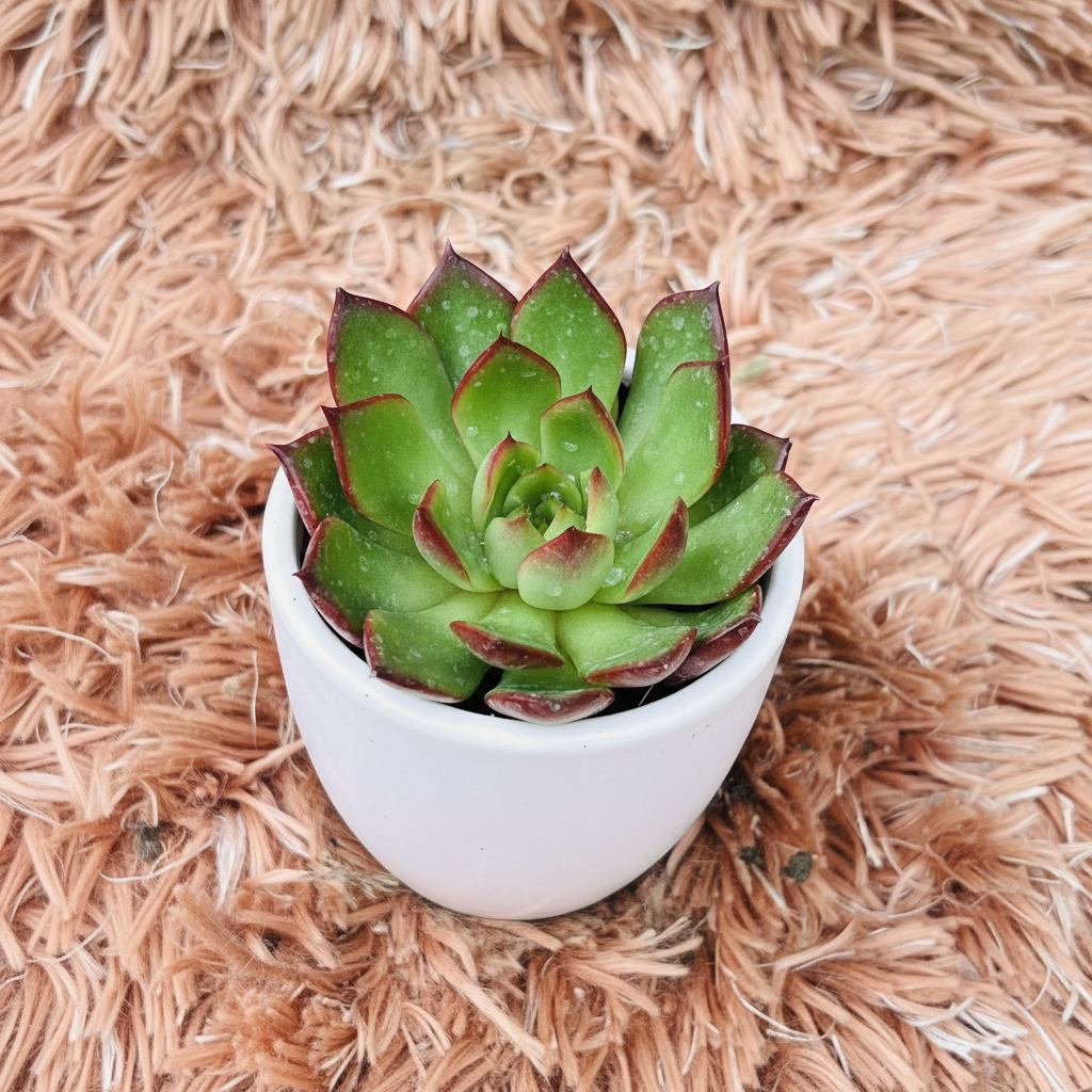 Echeveria Nodulosa in white ceramic pot – top down