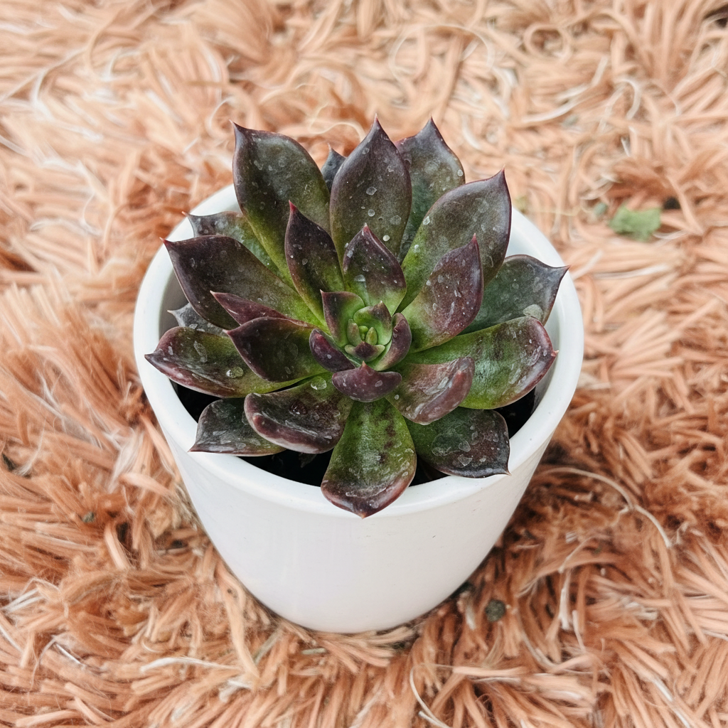 Echeveria Vishnu Kamal in white ceramic pot – overhead