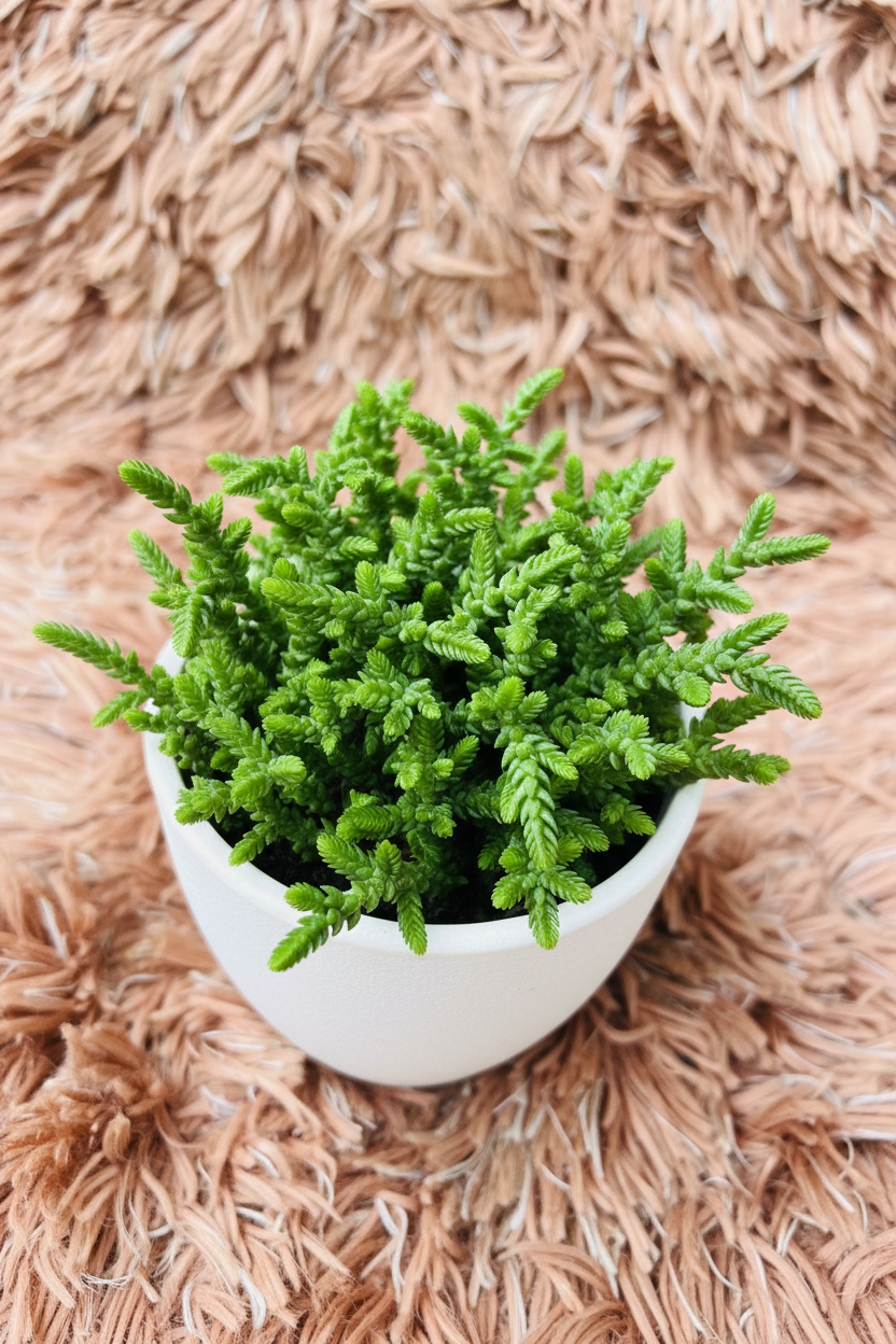 Crassula muscosa watch chain plant top-down view in white ceramic pot on pink rug