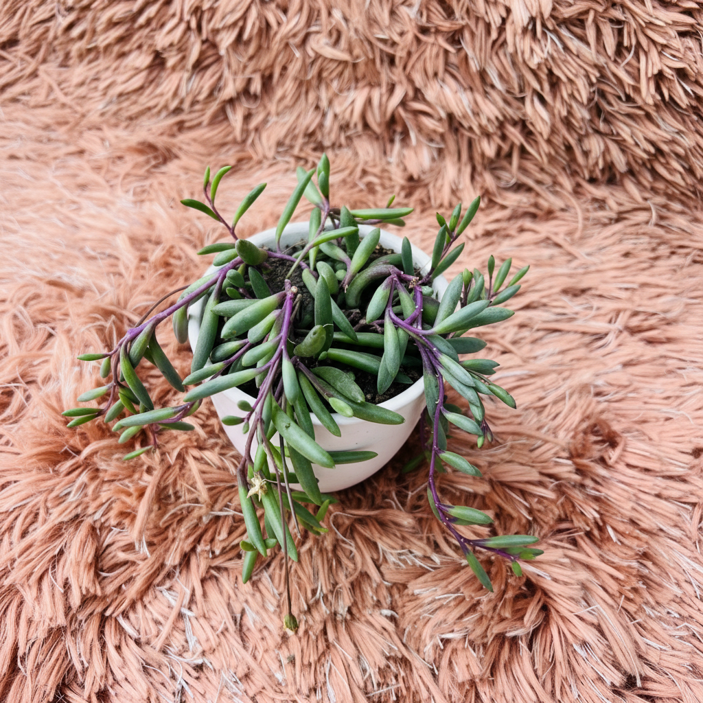 Ruby Necklace succulent in white ceramic pot on pink fur background – top down view