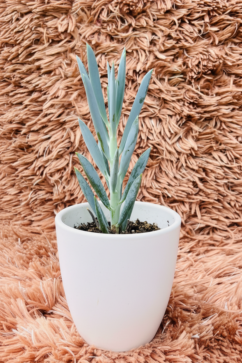 Senecio mandraliscae blue chalksticks front view in white ceramic pot on pink rug
