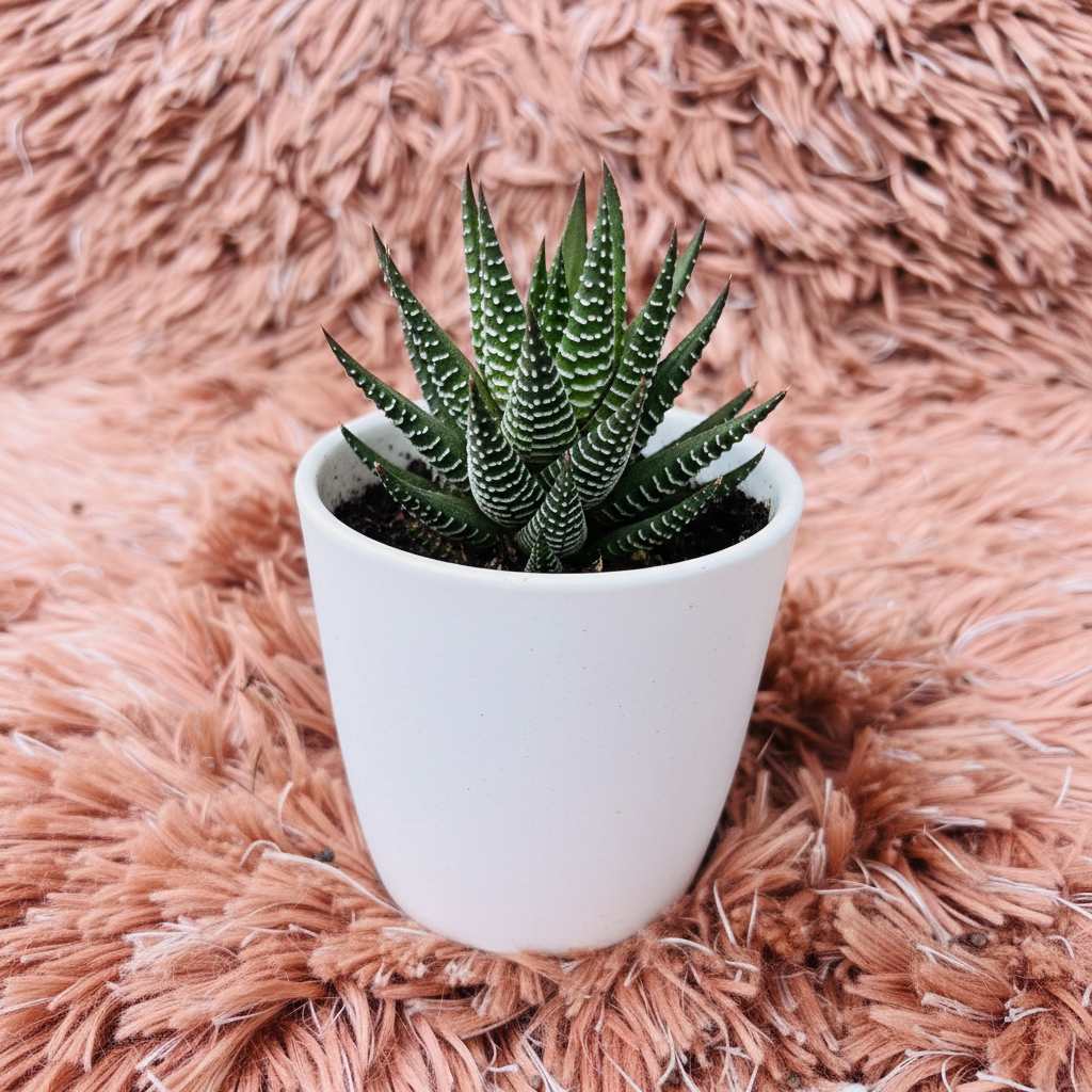 Haworthia Fasciata in white ceramic pot – side angle
