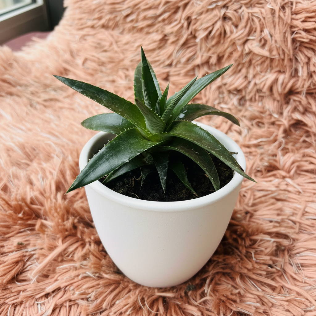 Dyckia Star Bromeliad in white ceramic pot on pink fur background – three quarter view