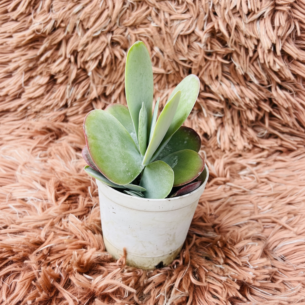 Paddle Plant Flapjack succulent in white ceramic pot on pink fur background – front view