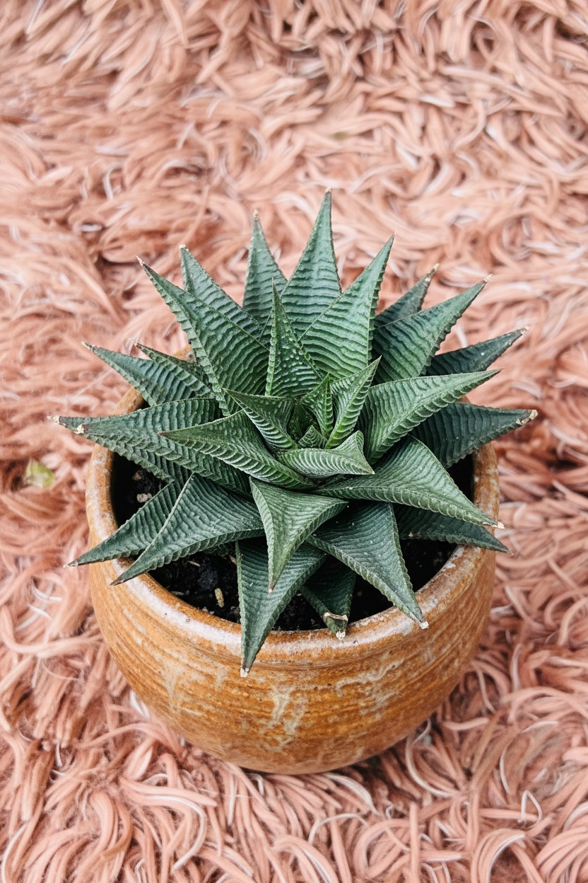 Haworthia Limifolia Fairy Washboard in Ceramic Brown Pot - Top View