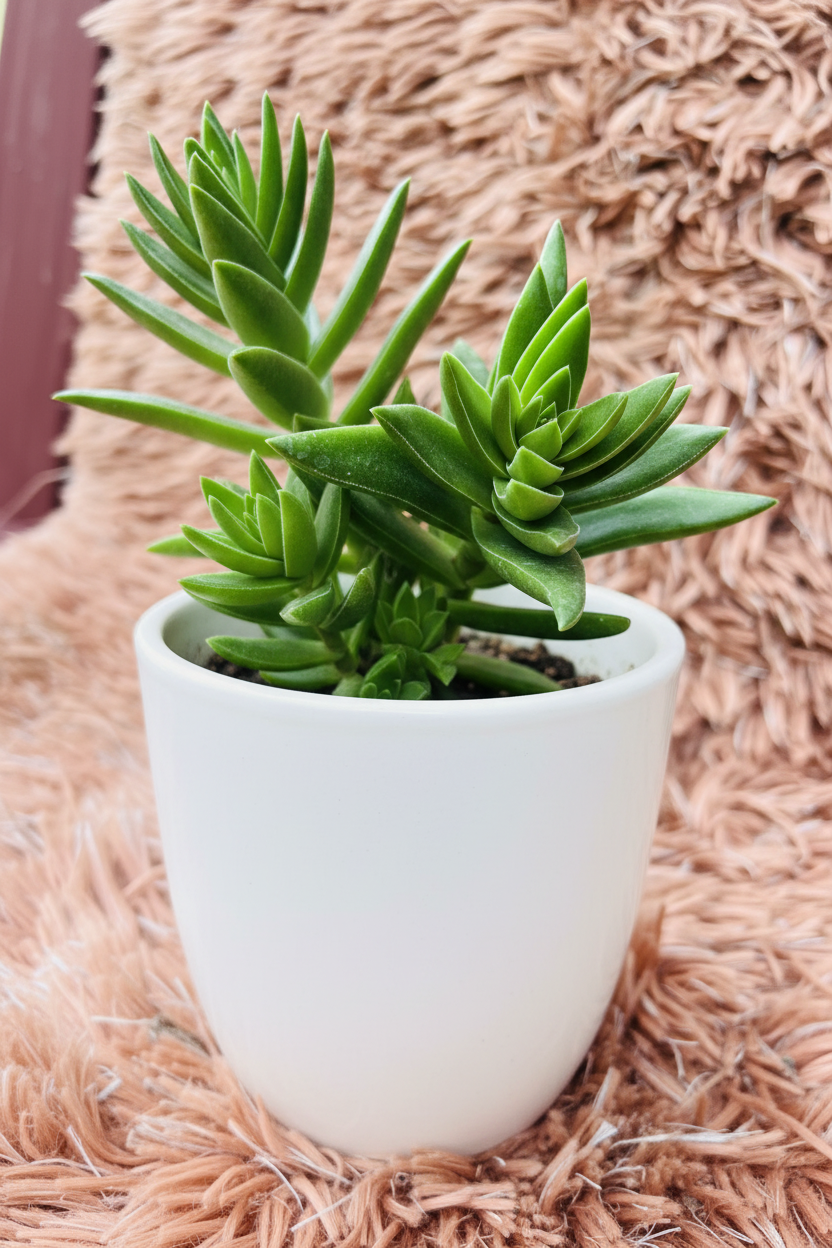 Crassula capitella Campfire green form front view in white ceramic pot on pink rug