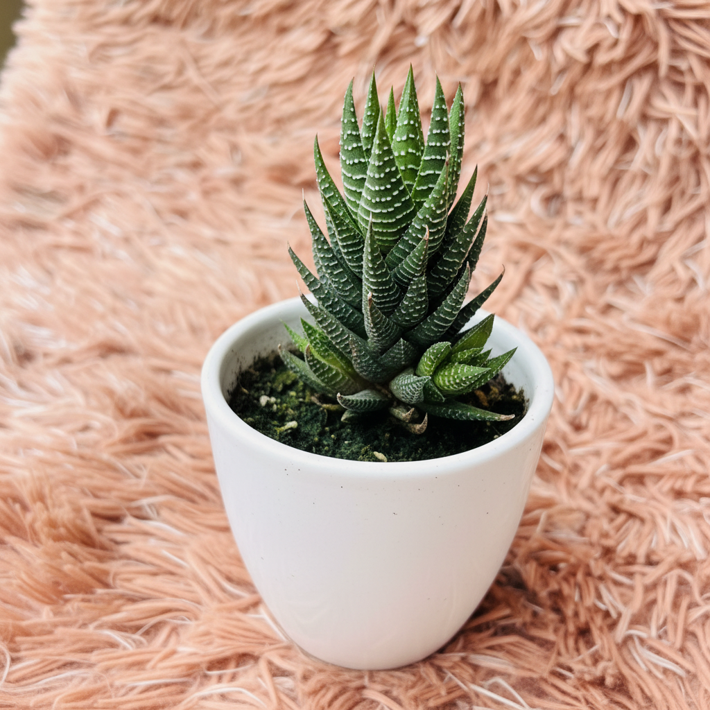 Haworthia Fasciata Zebra Plant in white ceramic pot on pink fur background – side angle view