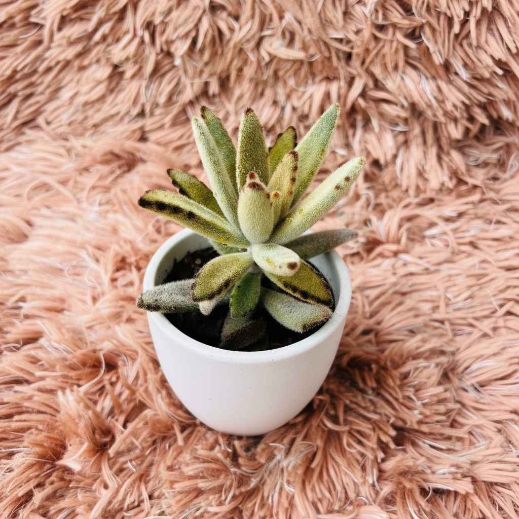 Golden Panda Plant succulent in white ceramic pot on pink fur background – angle view