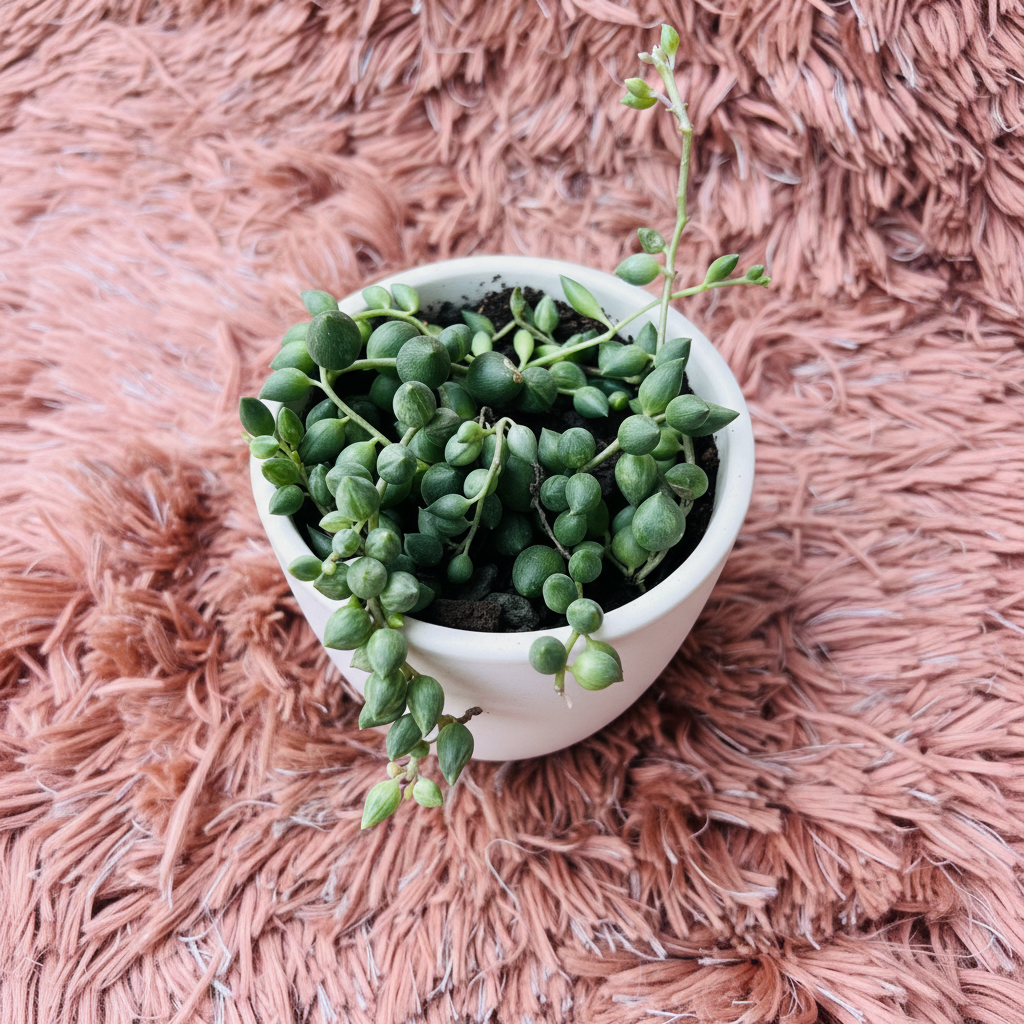 String of Tears succulent in white ceramic pot on pink fur background – top down view