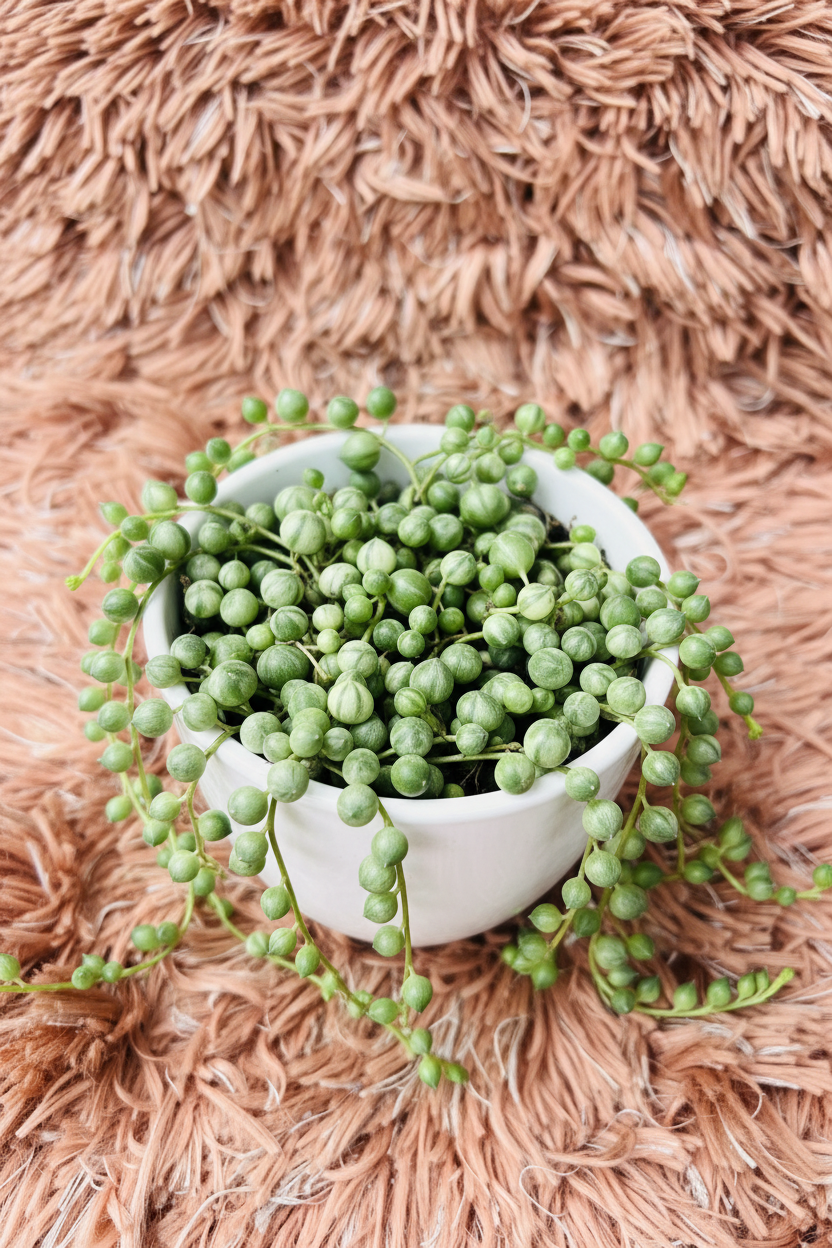 Variegated string of pearls top-down view in white ceramic pot on pink rug