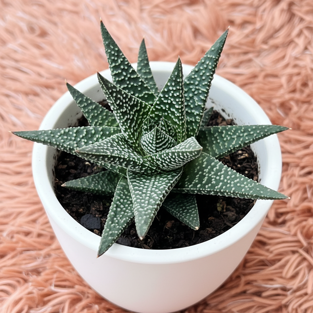 Haworthia Reinwardtii in white ceramic pot – top down