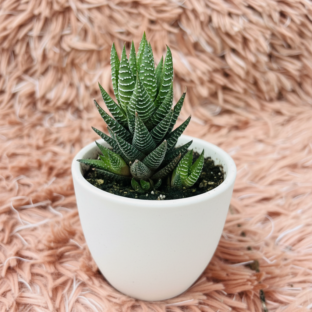 Haworthia Fasciata Zebra Plant in white ceramic pot on pink fur background – three quarter view