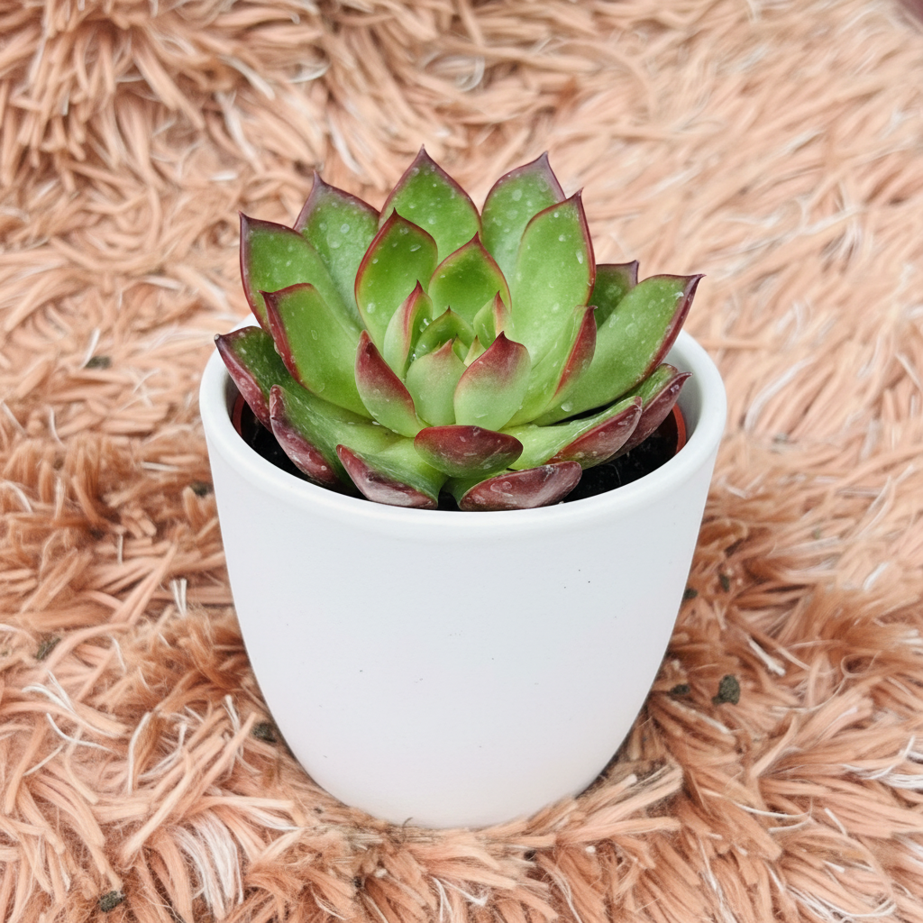 Echeveria Nodulosa in white ceramic pot – side angle