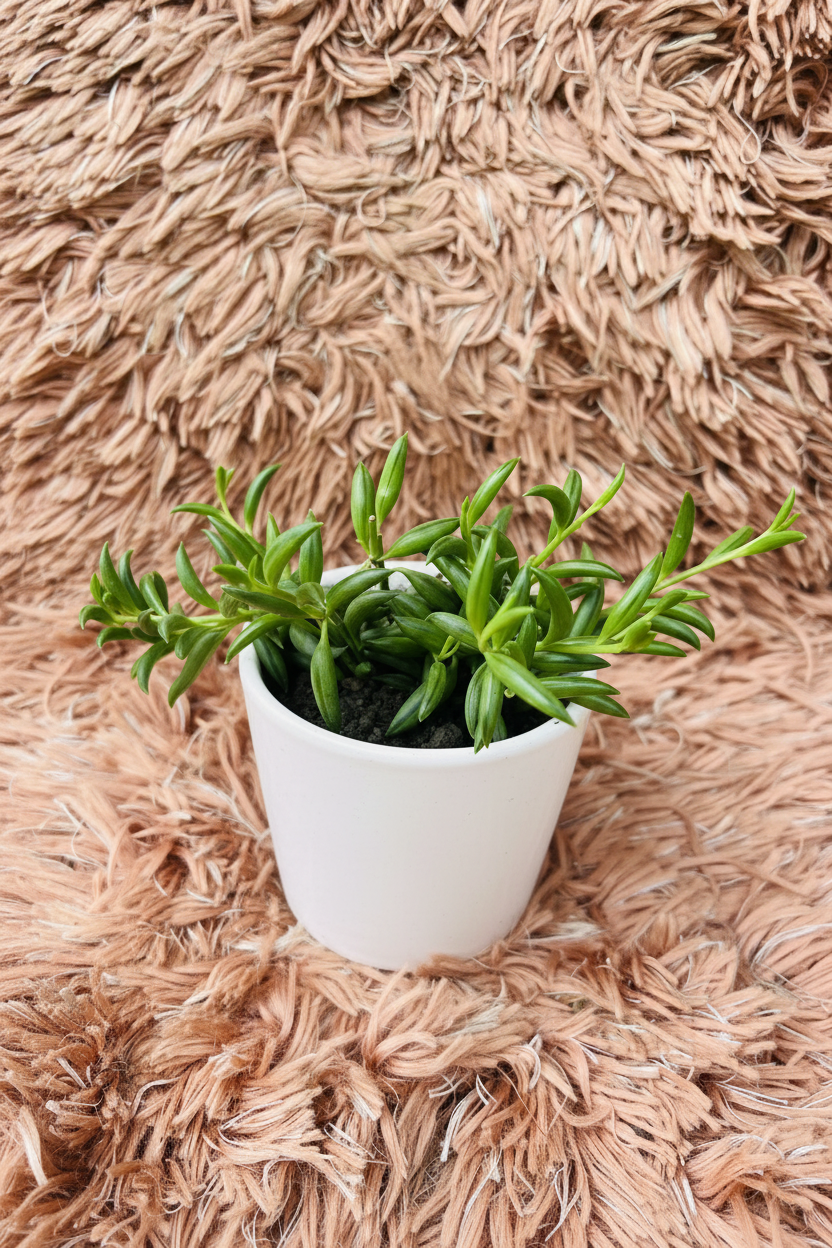 String of Bananas small plant top-down view in white ceramic pot on pink rug