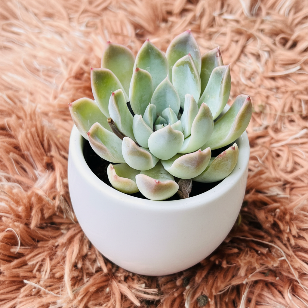 Echeveria Subsessilis in white ceramic pot – side angle