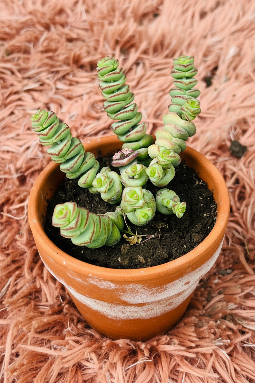 Jade Necklace Crassula Marnieriana in terracotta pot - angled view