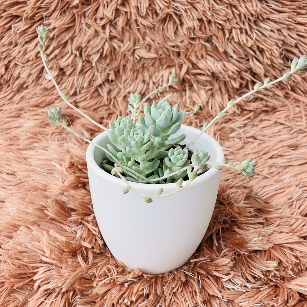 Ghost Plant in white ceramic pot – side angle