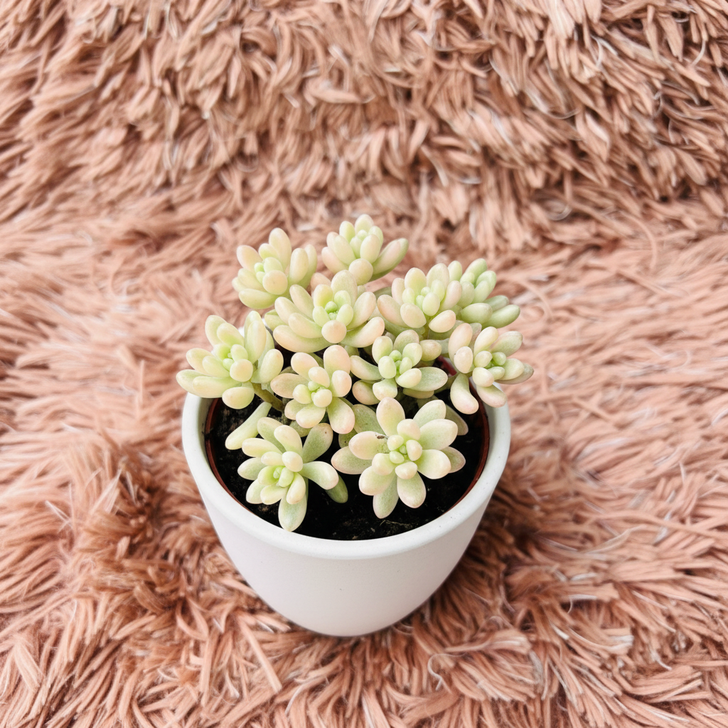 Variegated Jelly Bean succulent in white ceramic pot on pink fur background – top down view