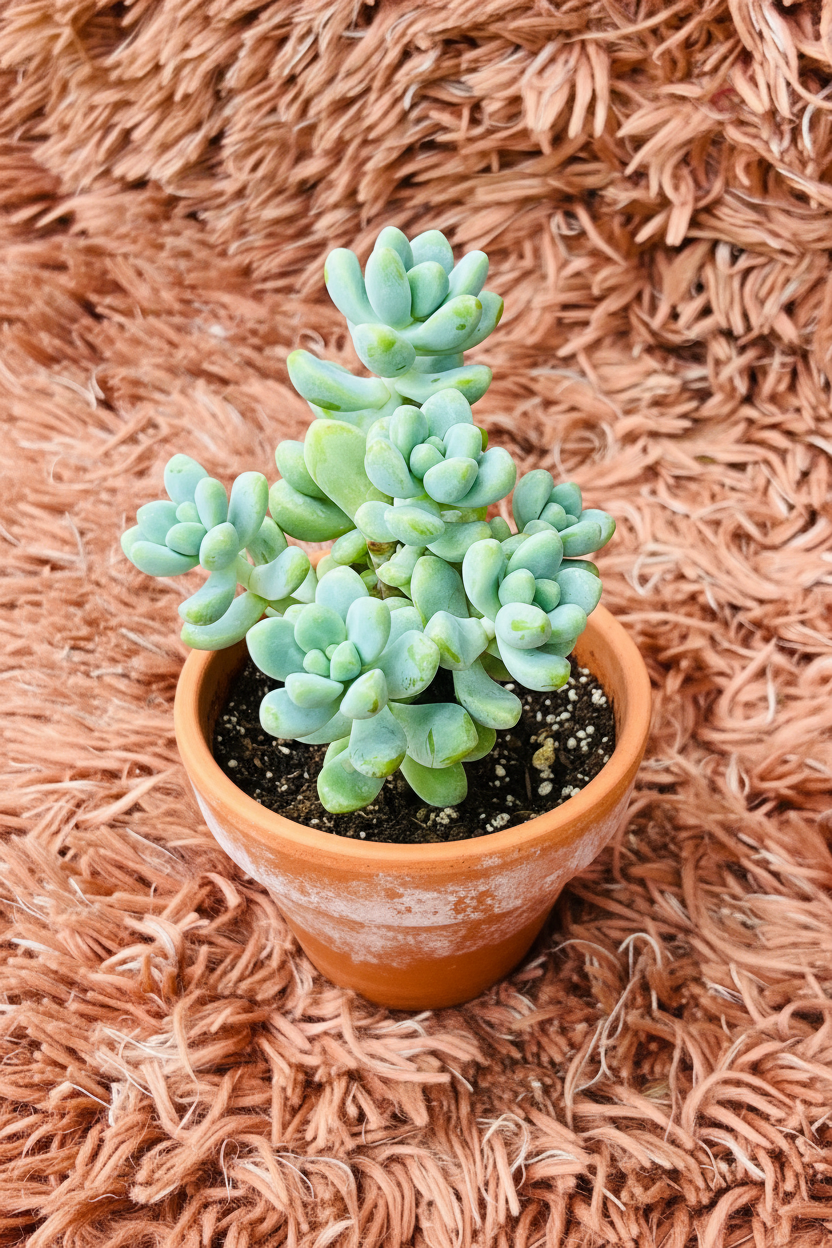 Pachyphytum Oviferum Moonstones in terracotta pot - pink rug background top view