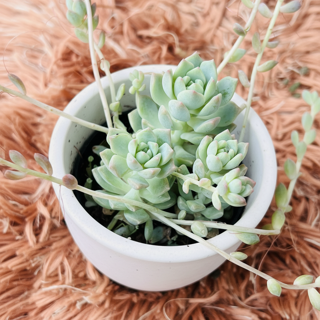 Ghost Plant in white ceramic pot – overhead