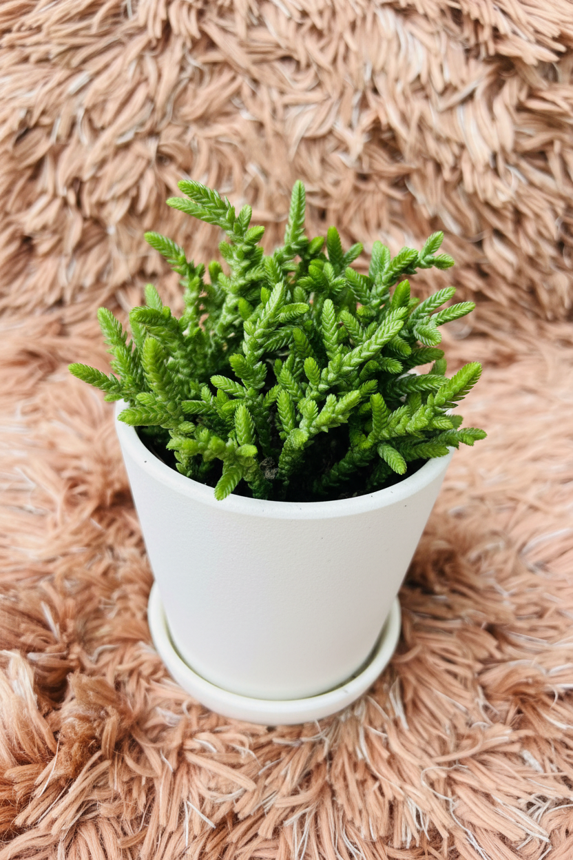 Crassula muscosa three-quarter view in white ceramic pot on pink rug