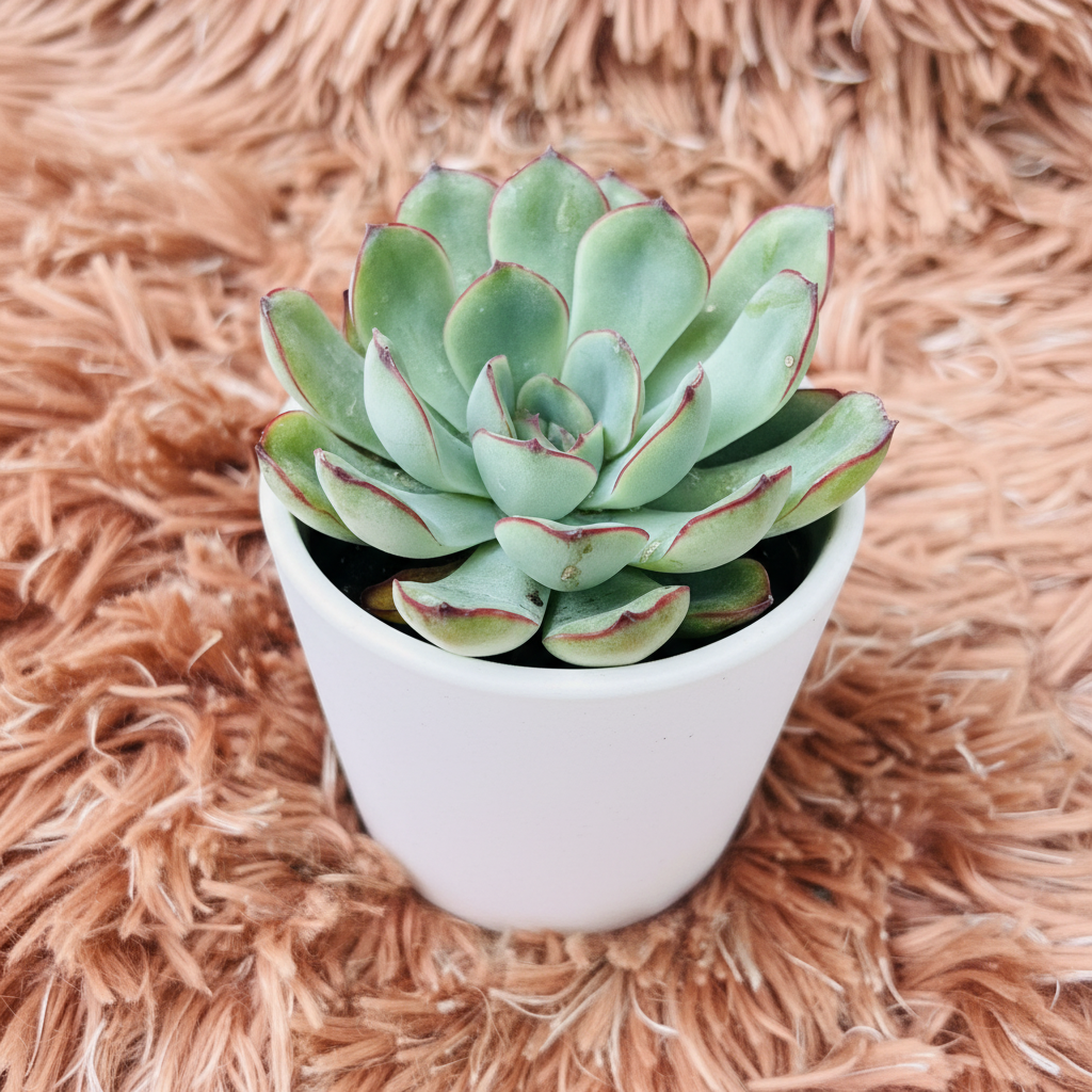 Echeveria Colorata in white ceramic pot on pink fur background – three quarter view