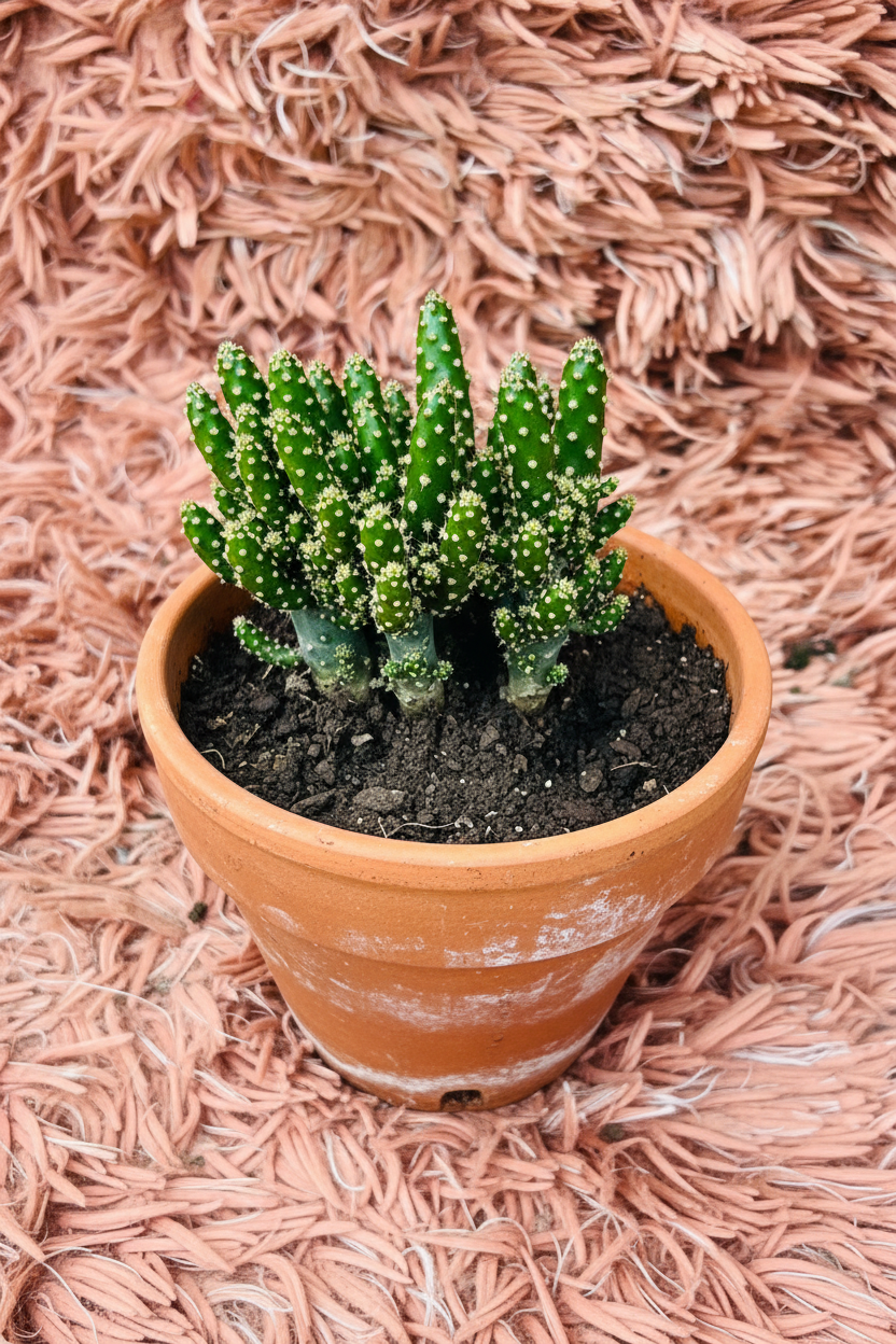 Bunny Ears Cactus Opuntia in terracotta pot - pink rug background top view