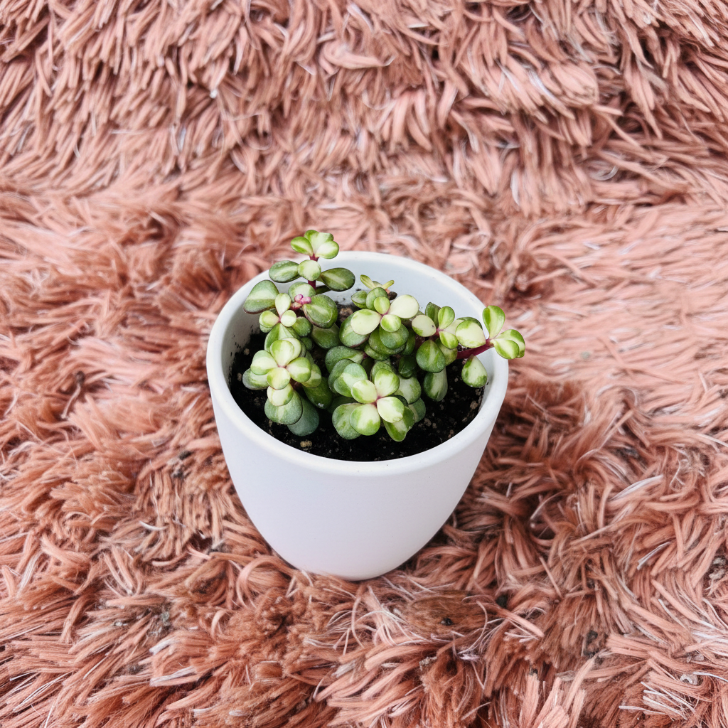 Variegated Jade in white ceramic pot – top down