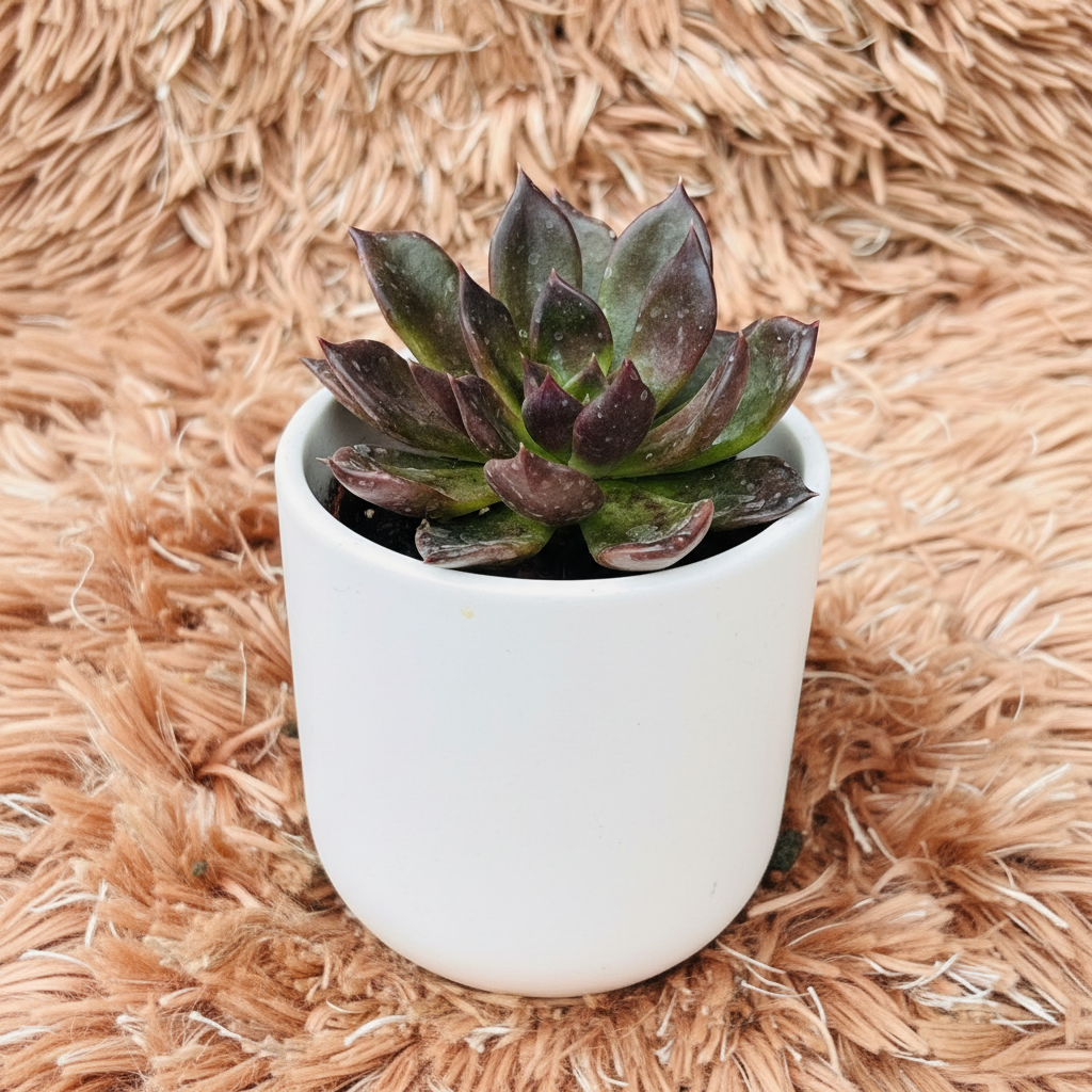 Echeveria Vishnu Kamal in white ceramic pot – side angle