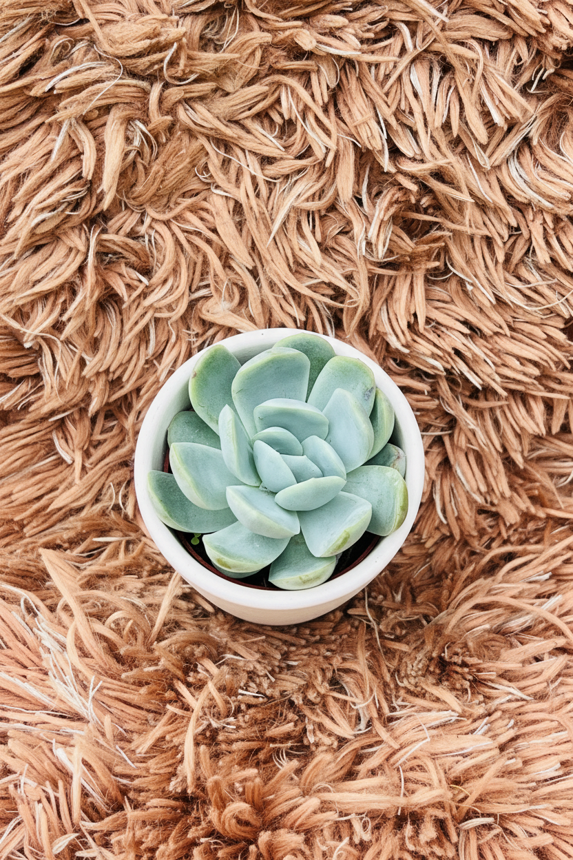 Echeveria subsessilis Morning Beauty top-down view in white ceramic pot on pink rug