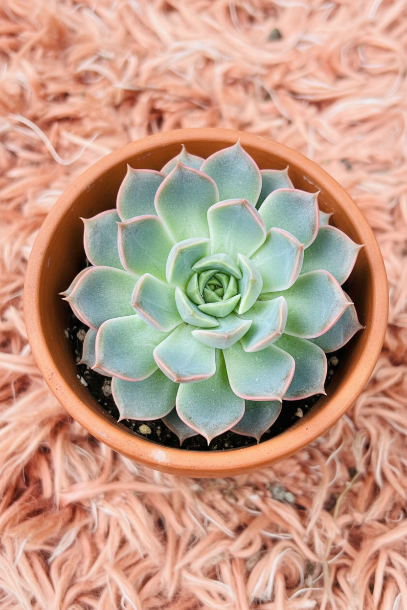 Echeveria Orion in terracotta pot - top view pink rug background