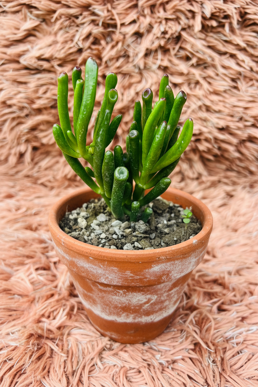 Crassula Gollum Hobbit Jade in terracotta pot - pink rug background side view