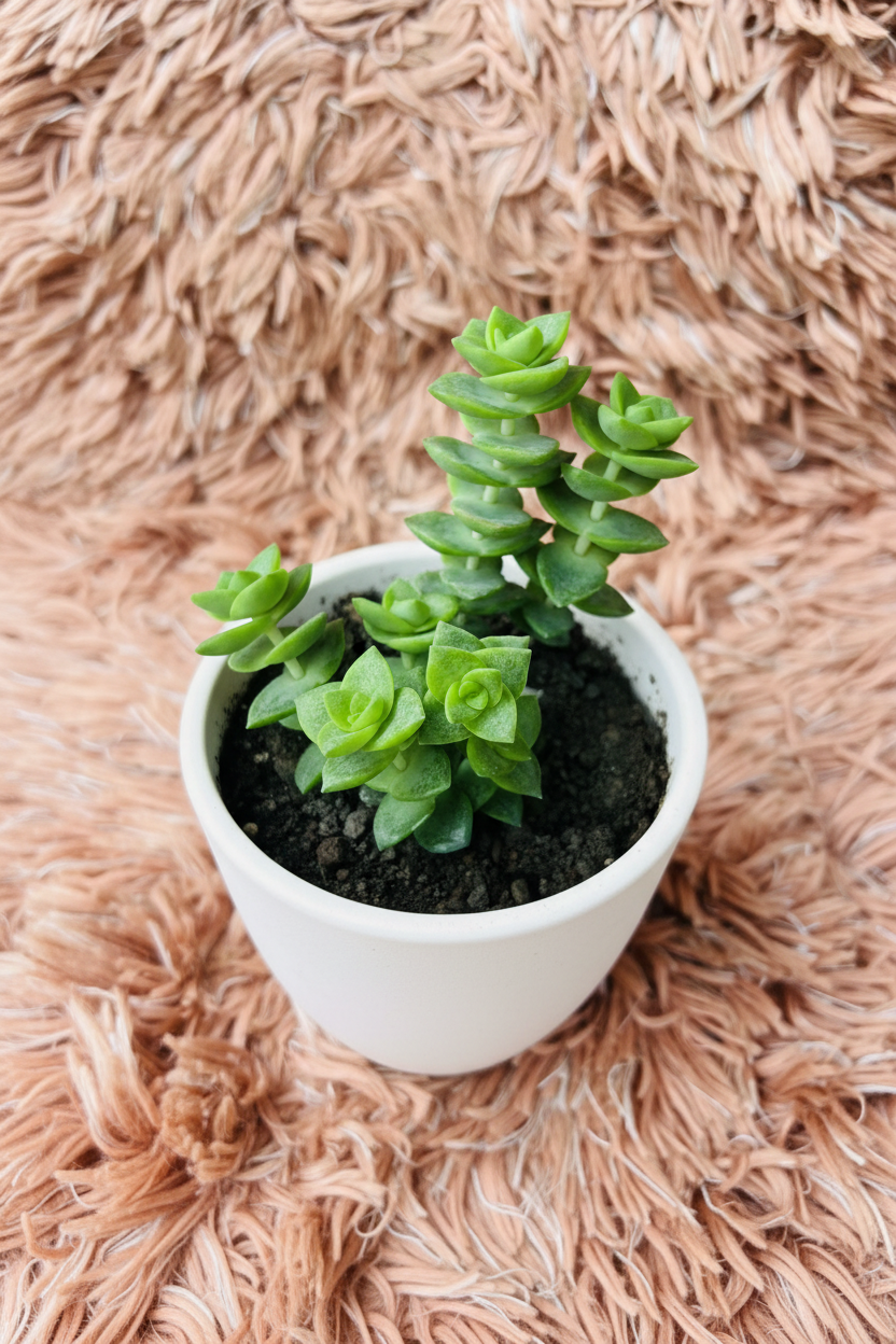 Crassula Tom Thumb pagoda tower top-down view in white ceramic pot on pink rug