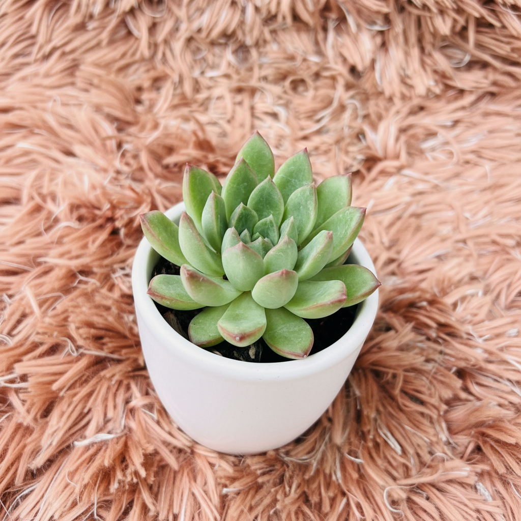 Echeveria Minima succulent in white ceramic pot on pink fur background – angle view