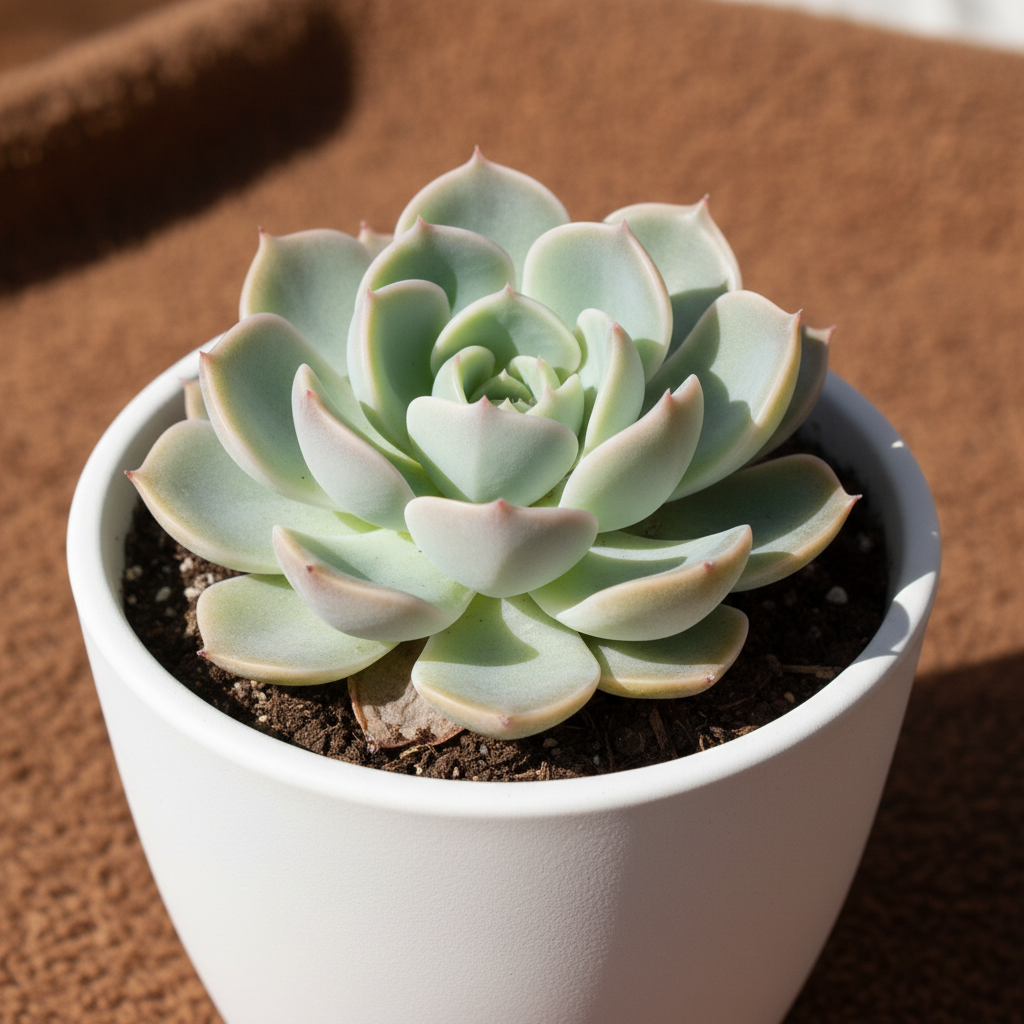 Echeveria Lola in white ceramic pot – 45 degree angle