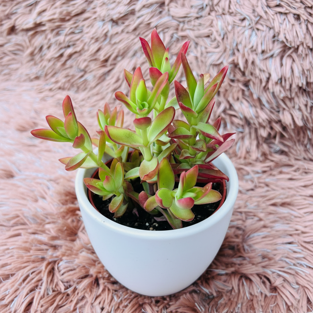 Crassula Red Campfire in white ceramic pot – top down